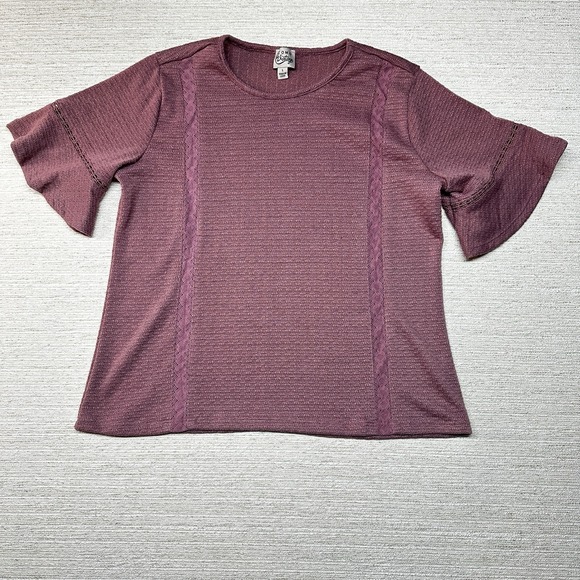 Como Vintage Tops - COMO Vintage Crimson Ruffle Short Sleeve Blouse Size Small Stretch Crochet Lace